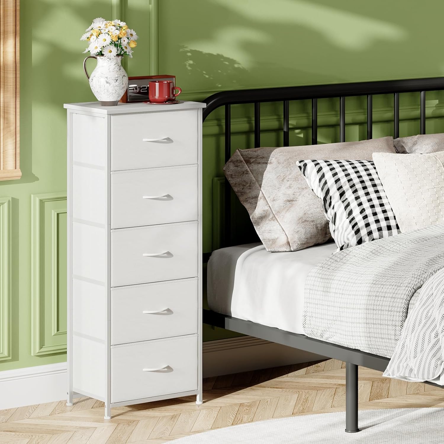 Somdot Tall Dresser - 5 Drawer Storage Organizer with Removable Fabric Bins | White Leather Finish