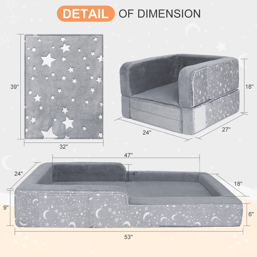 Portable Toddler Travel Bed, 2 in 1 Foldable Toddler Bed Sofa Chair, Soft Baby Kids Travel Floor Beds with Washable Cover, Blanket, Safety Foam Raised Bumper for Camping Hotel Grandma’s House Sleeping