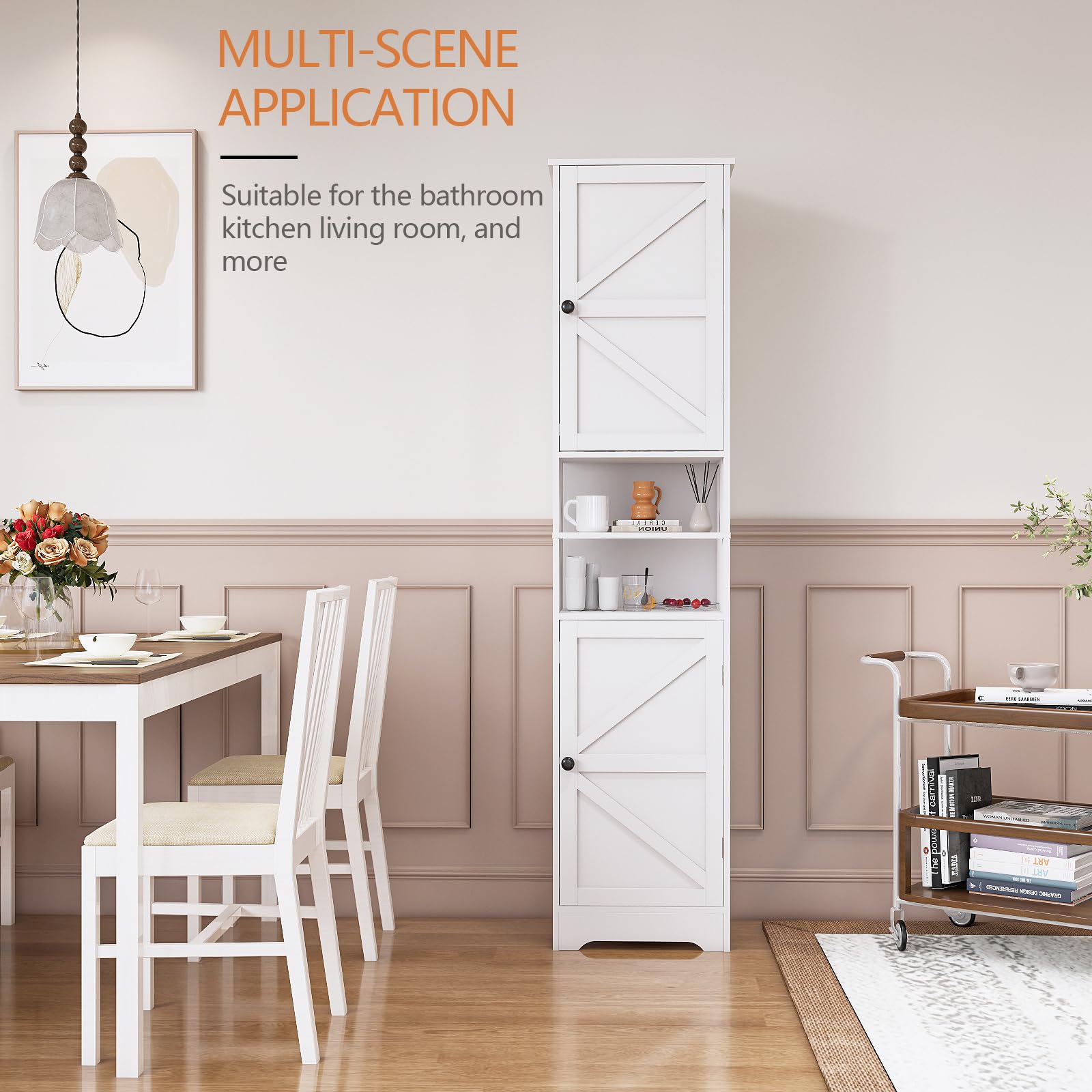 Viaozutis Tall Bathroom Storage Cabinet, Vertical Freestanding Organizer with Adjustable Shelf, Slim Design for Small Bathrooms, Towels & Toiletries Storage（White）