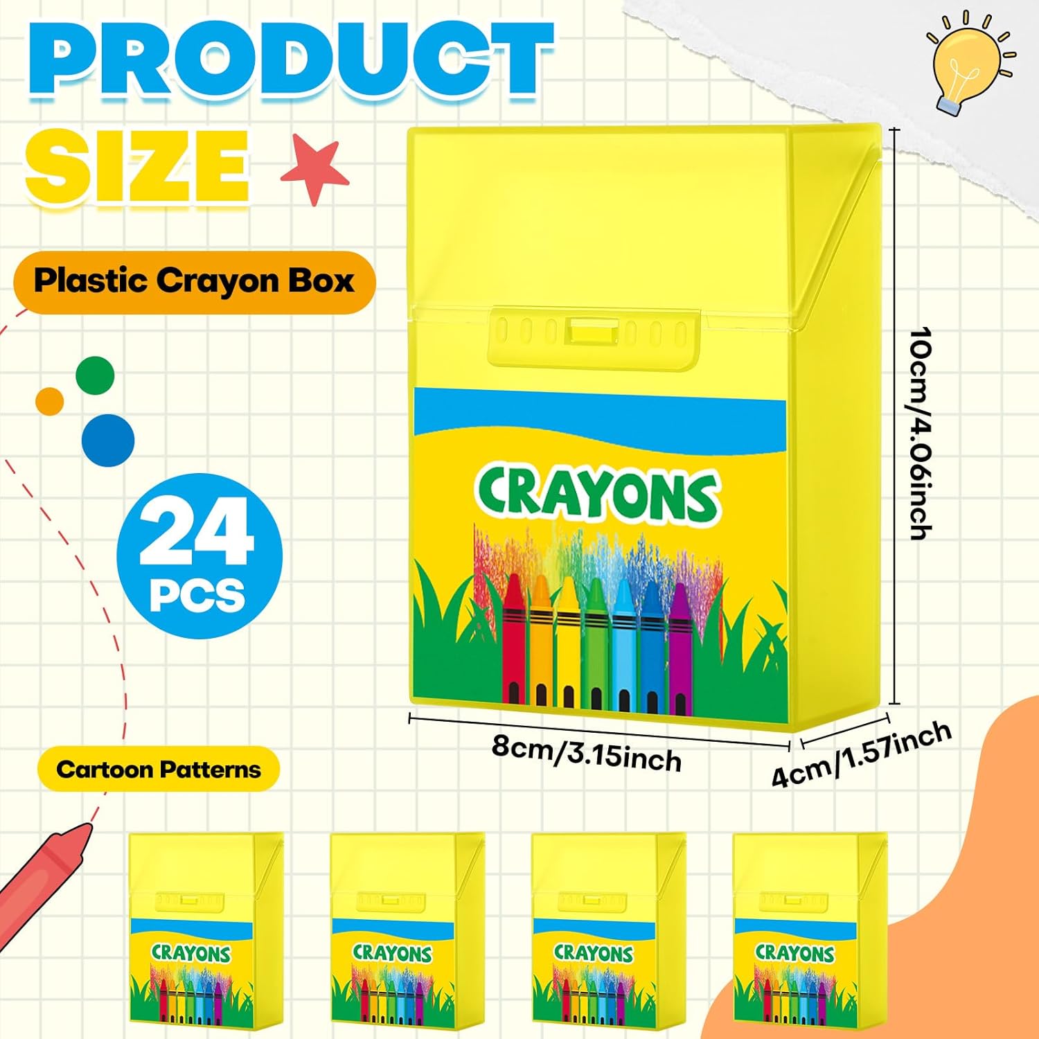 Skiennix Crayon Storage Organizer - 24 Pcs Plastic Box with Hinged Lid & Snap Closure | Cartoon Patterned