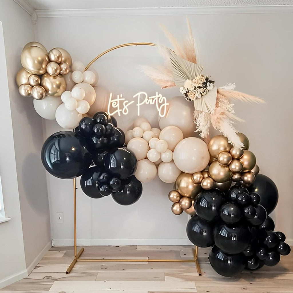 Skiennix Black and Gold Balloon Garland Arch Kit - Elegant Party Decorations with Gold Foil Curtains for Graduation, Birthday, and Anniversary Celebrations