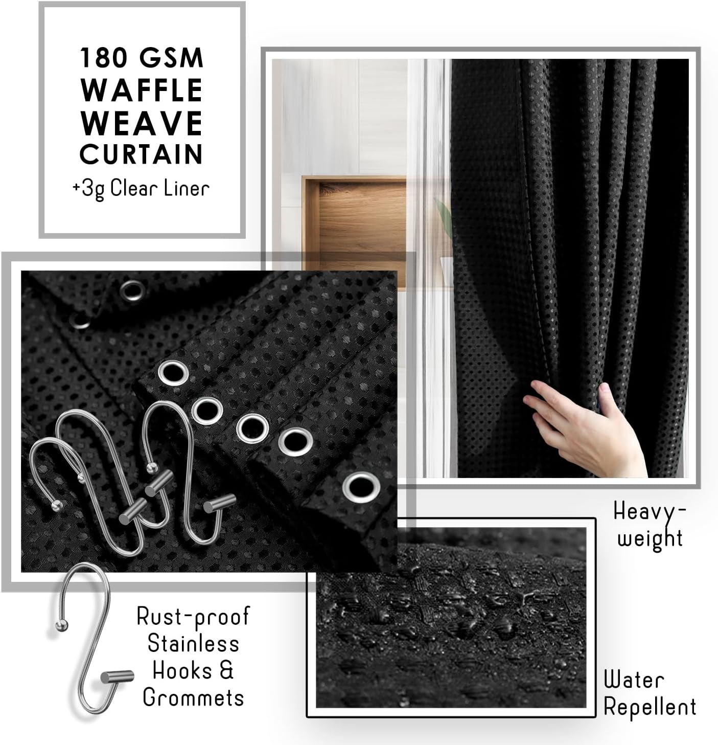 Clara Clark Bathroom Accessories Set - 20-Piece Black Bathroom Set with Shower Curtain, Soap Dispenser & More