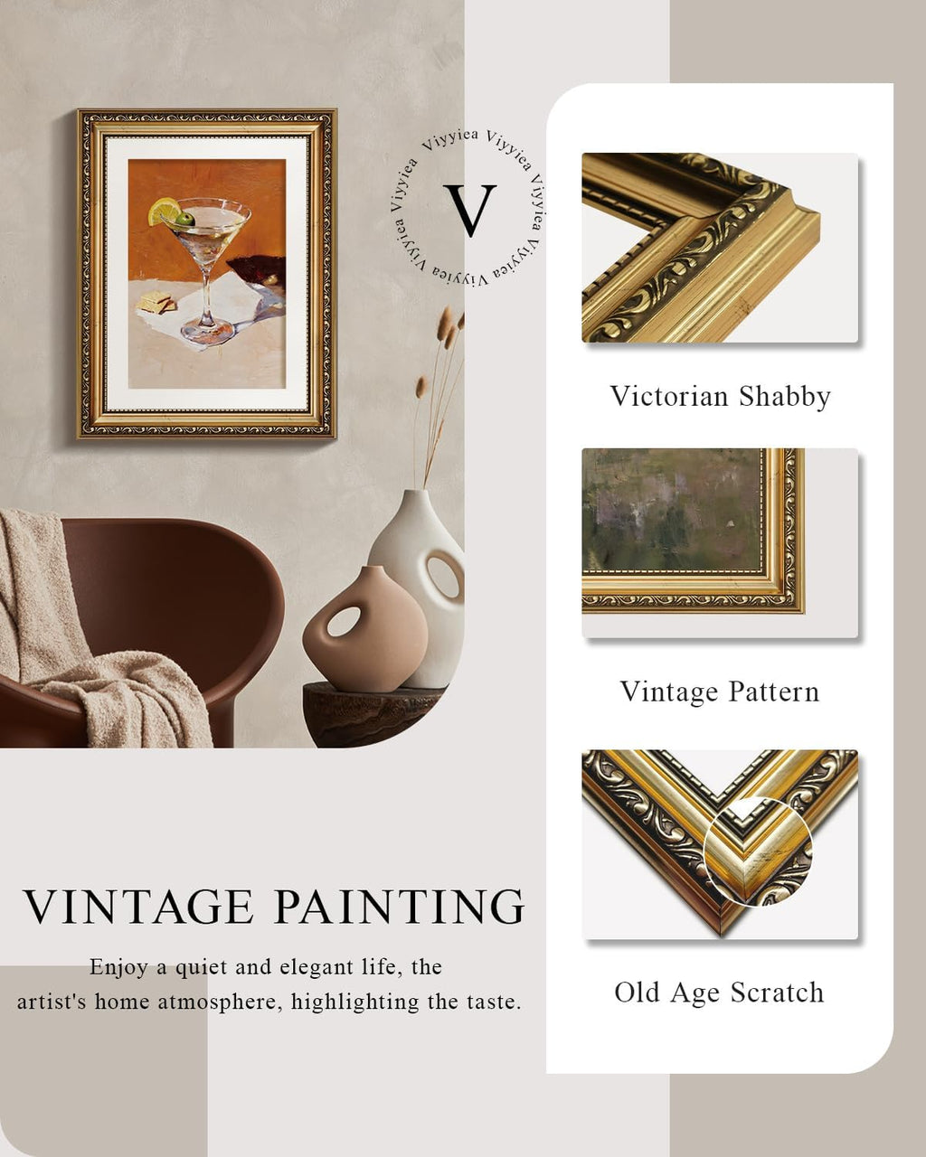 VIYYIEA Vintage Gold Framed Wall Art - Classic Martini Artwork Prints for Living Room | 14L x 11W