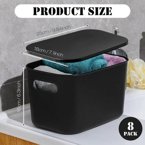 Hoolerry Colorful Storage Bins - 8 Piece Stackable Plastic Organizing Containers with Lids | Black, 9.8 x 7.1 x 6.3 Inch