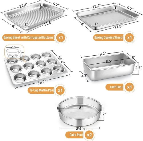 E-far Stainless Steel Baking Pans Set - 6-Piece Non-Toxic Bakeware for Oven | Includes 8-Inch Cake Pan, Cookie Sheet, Muffin & Loaf Pan, Dishwasher Safe