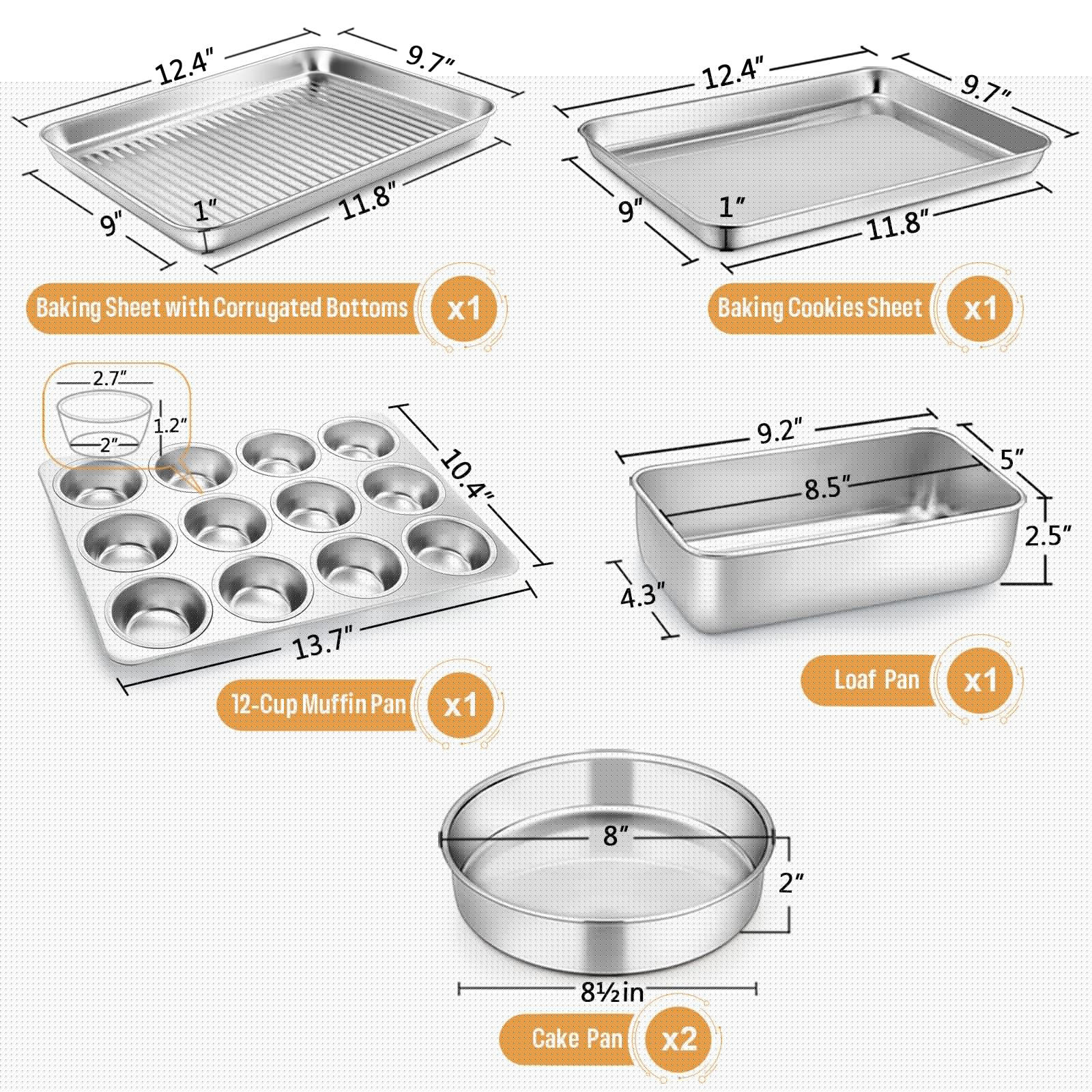 E-far 6-Piece Baking Pans set, Stainless Steel Bakeware Set for Oven, Include 8-Inch Cake Pan/Rectangle Baking Cookie Sheet/Muffin/Loaf Pan, Non-Toxic & Heavy Duty, Dishwasher Safe