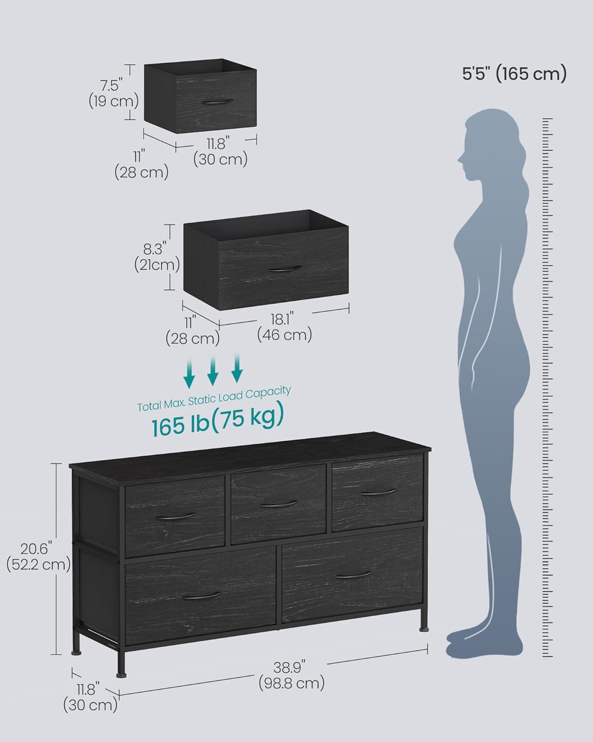 SONGMICS Dresser - Modern Chest of Drawers for Bedroom Storage | 5 Drawer Organizer in Ebony Black