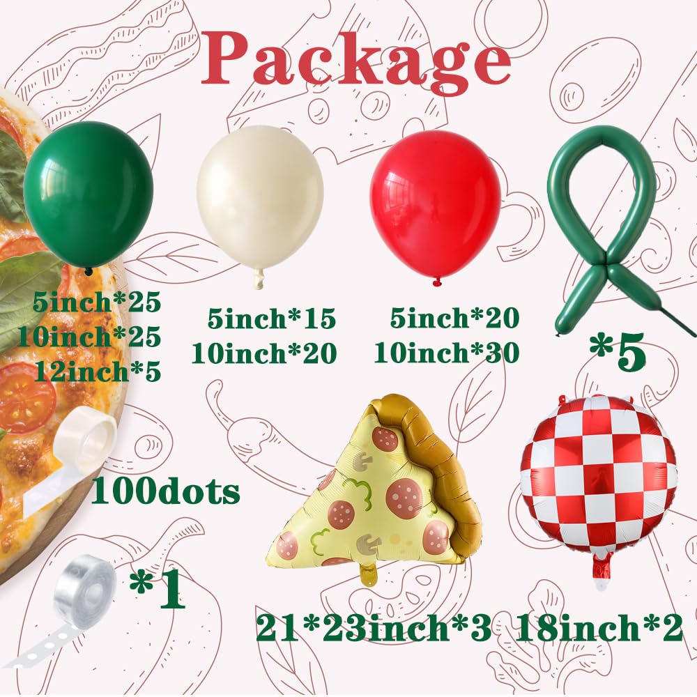 PageebO Pizza Party Decorations，150PCS Red Green Ivory White Balloons with Pizza Checkered Balloons for Pizza Party Favors BBQ Picnic Birthday Party Decorations Slice Slice Baby Shower Home Decor