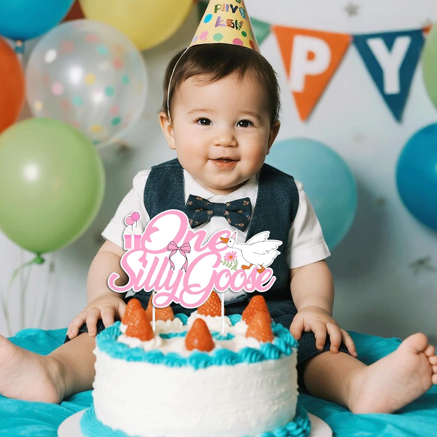 One Silly Goose Birthday Cake Topper - Fun Goose Theme Decorations for 1st Birthday | Cupcake Photo Props