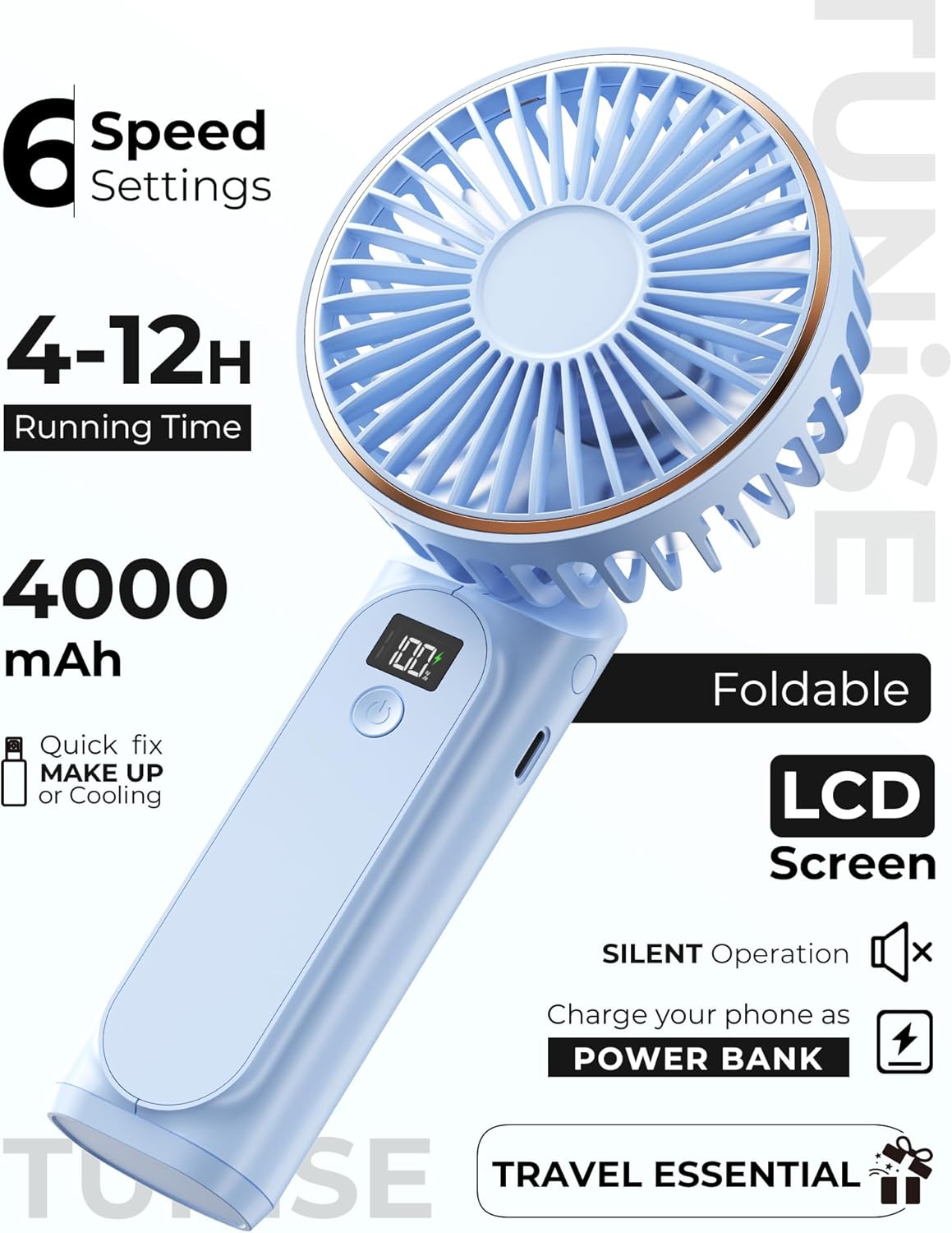 TUNISE Portable Handheld Fan - Rechargeable 4000mAh Battery | 180° Adjustable, 6 Speed Settings, Quiet Design