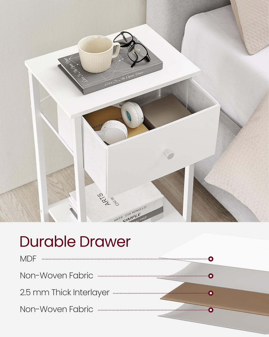 VASAGLE Nightstands, Set of 2 Side Tables with Fabric Drawer, 24-Inch Tall End Tables with Storage Shelf, Bedroom, White ULGS221W14
