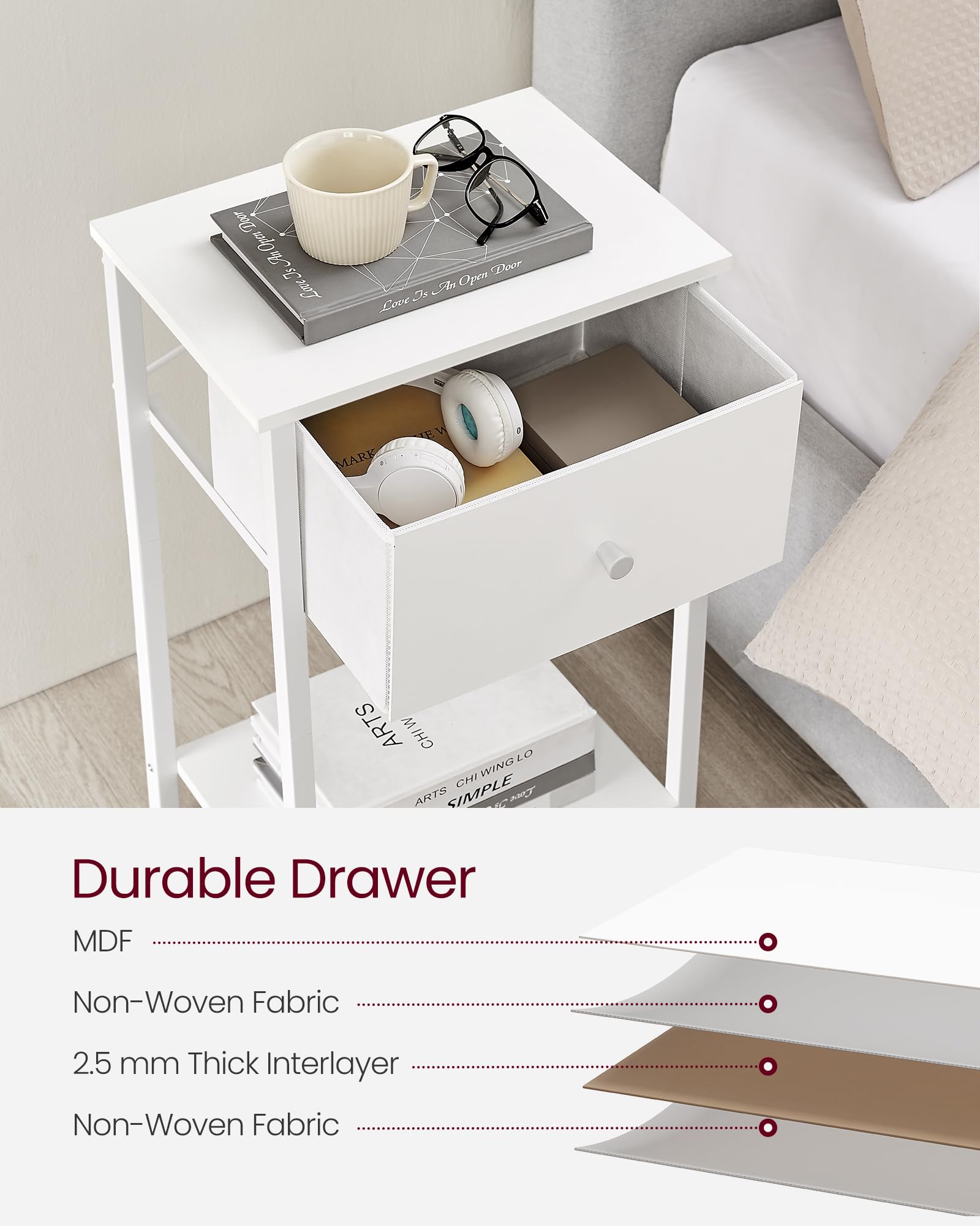 VASAGLE Nightstands, Set of 2 Side Tables with Fabric Drawer, 24-Inch Tall End Tables with Storage Shelf, Bedroom, White ULGS221W14
