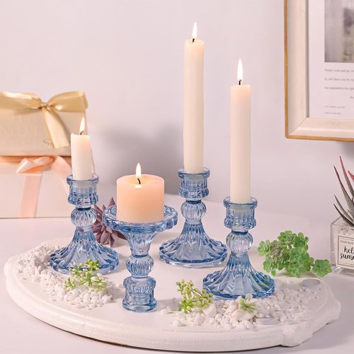 DARJEN 12PCS Blue Candlestick Holders Set - 4" Tall Glass Taper Candle Holders for Weddings & Home Decor