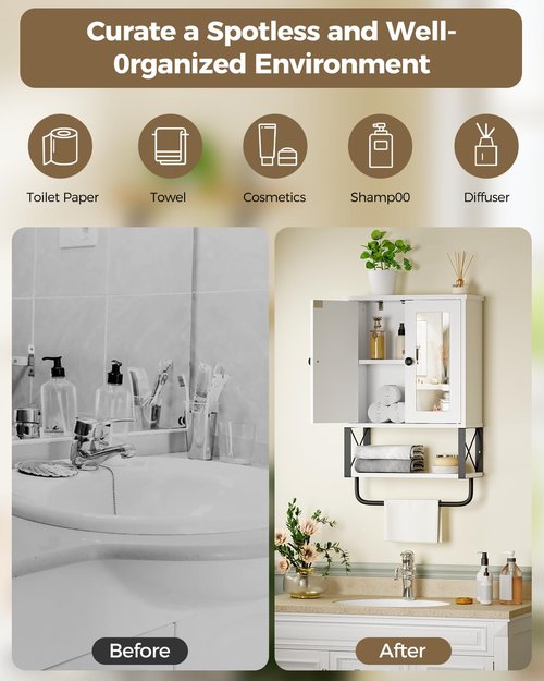 BEWISHOME Medicine Cabinet, Bathroom Wall Cabinet with Mirror, Wall Mounted Over The Toilet Storage Cabinet with Towel Bar and Adjustable Shelf, for Bathroom, 7.1" D x 15.4" W x 24.4" H, White YYG10W