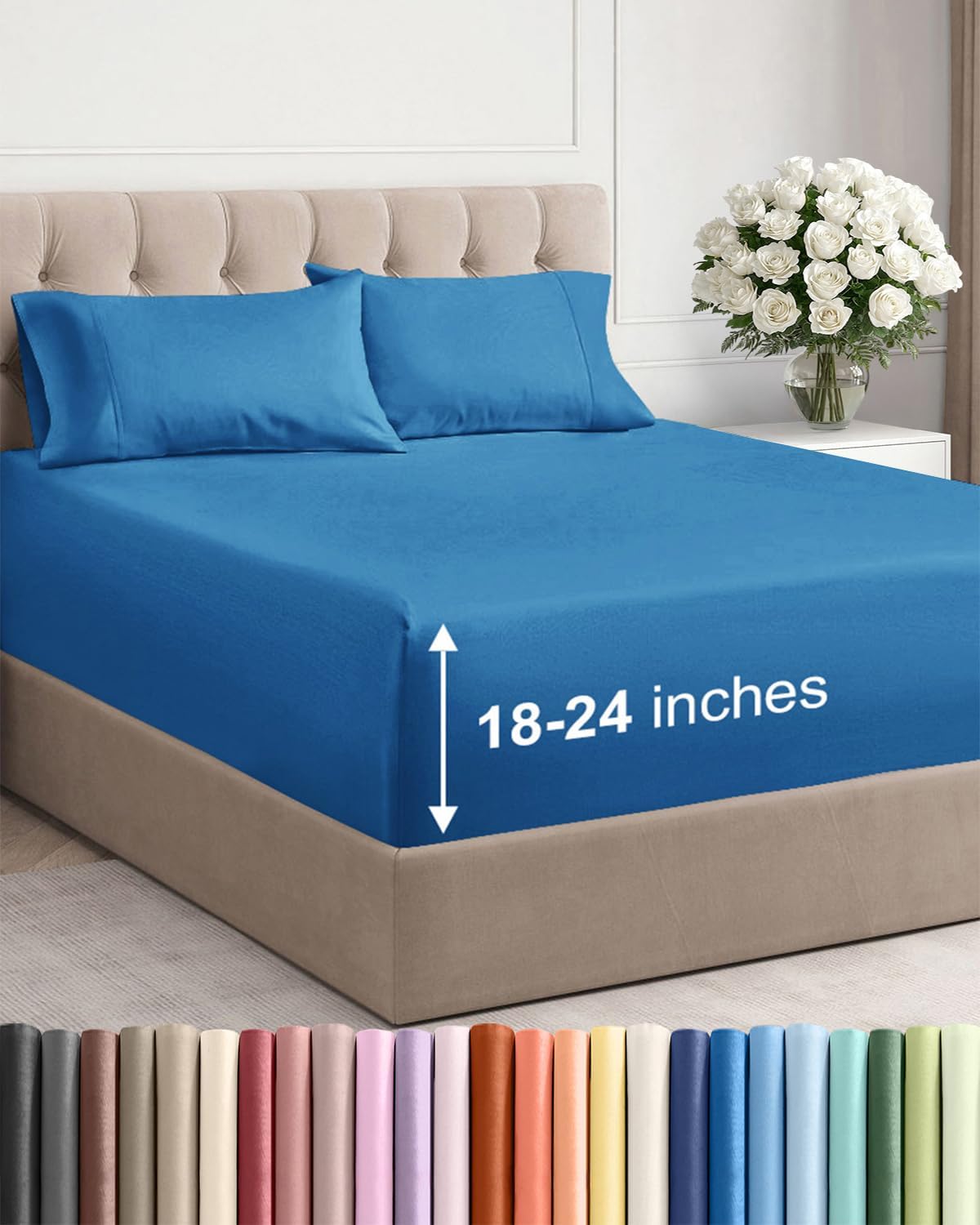 Skiennix Extra Deep Twin XL Sheet Set - 4 Piece Breathable Cooling Bedding - Soft Wrinkle-Free Denim Blue