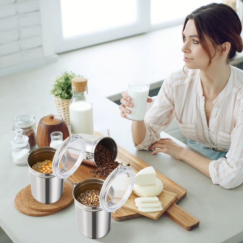 Lallisa 9 Pcs Stainless Steel Kitchen Canister 62 fl oz with Airtight Clear Clamp Lid, Metal Food Storage Container Set for Coffee Bean Ground Coffee Flour Sugar Spice Tea Cereal Snack Candy Pantry