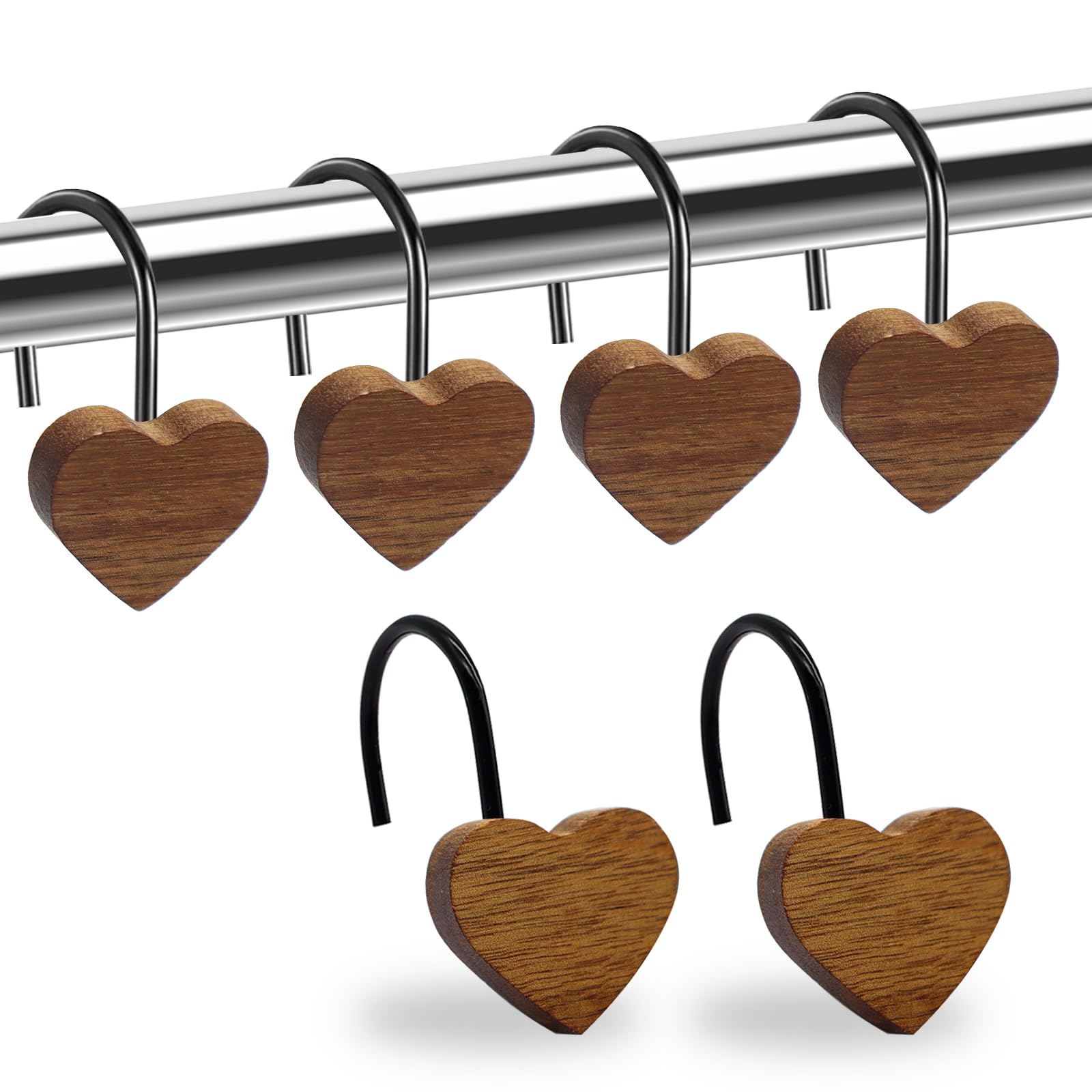 Shower Curtain Hooks, Wood Decorative Shower Curtain Rings, Modern Round Log Shower Curtain Hangers, 12PCS Shower Hooks for Shower Curtain Rod, Bedroom, Living Room (Heart-Black)