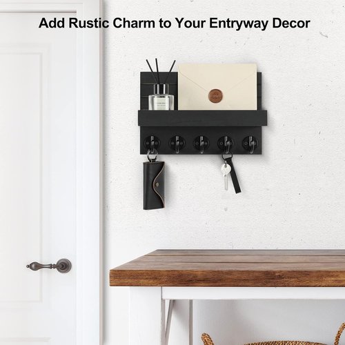 Lwenki Key Holder - Decorative Wall-Mounted Key and Mail Organizer with Shelf | Paulownia Wood (9.8”W x 6.7”H x 4.2”D)