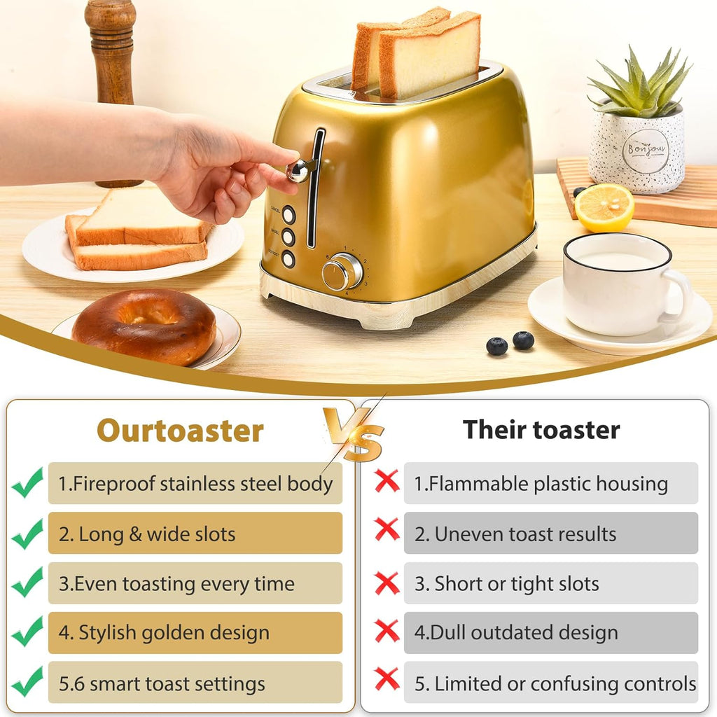 Skiennix Gold 2-Slice Toaster - Wide Slot Stainless Steel with 6 Shade Settings & Removable Crumb Tray