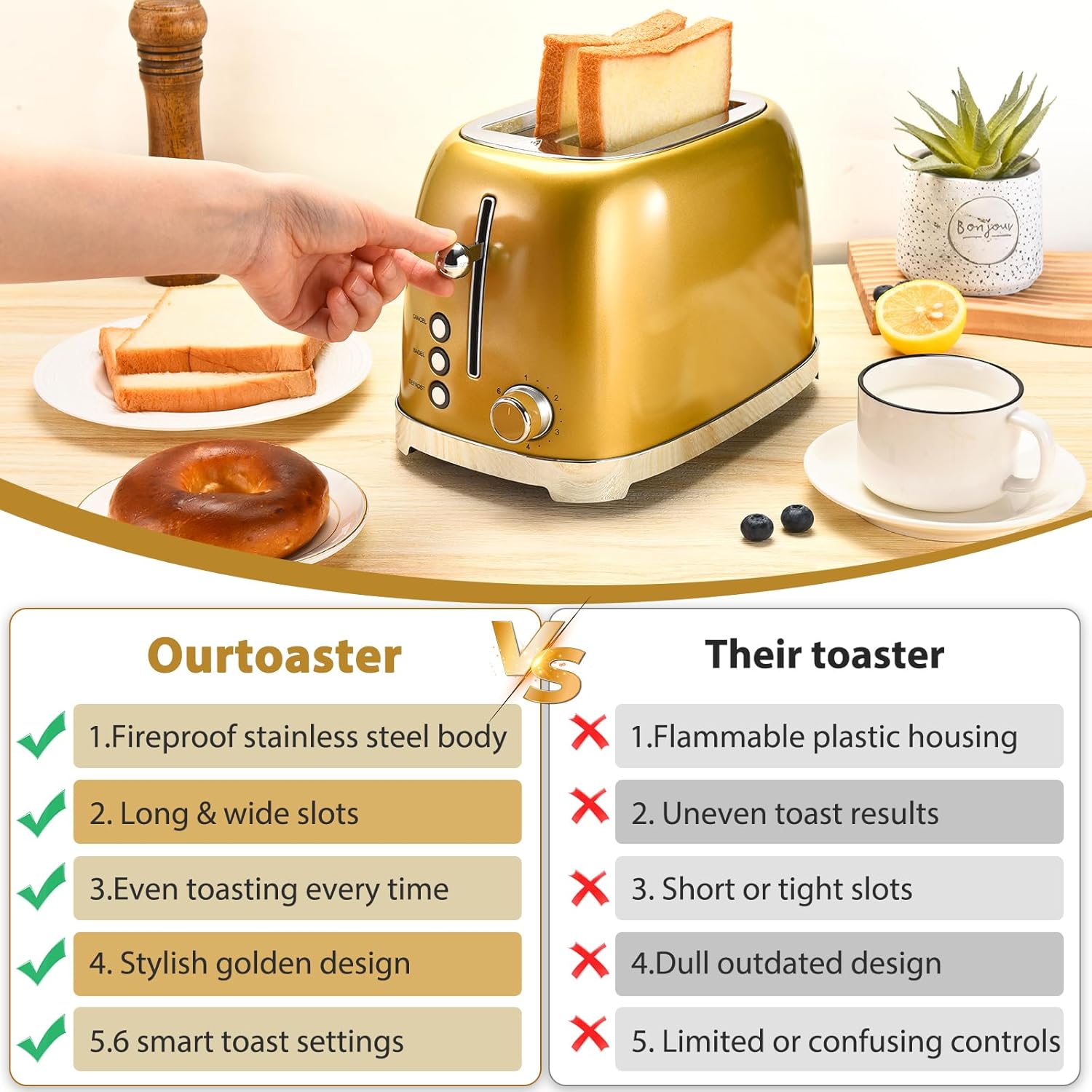 Skiennix Gold 2-Slice Toaster - Wide Slot Stainless Steel with 6 Shade Settings & Removable Crumb Tray