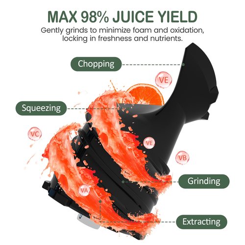 Heynemo Juicer Machines, 5.9" Wide Feed Chute Cold Press Juicer for Whole Vegetable & Fruit, 250W Slow Masticating Juicer Machines with with Dual-Layer Strainer, Easy to Clean,High Juice Yield, Black