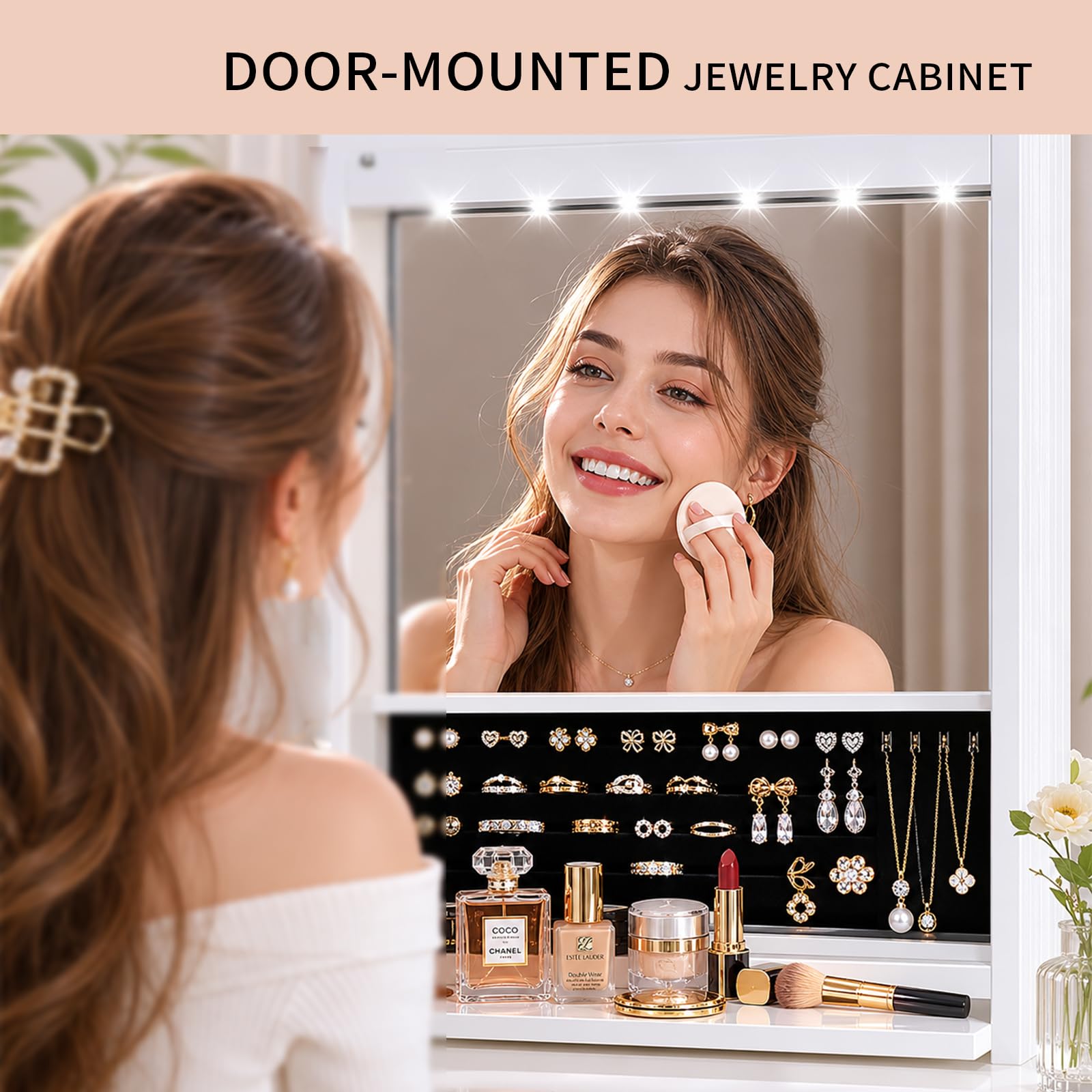 JOYUSAEN Over the Door Jewelry Organizer, Wall Mounted Jewelry Cabinet, Hanging Mirror with Storage Box, Wall/Door Mounted Full Length Mirror with LED