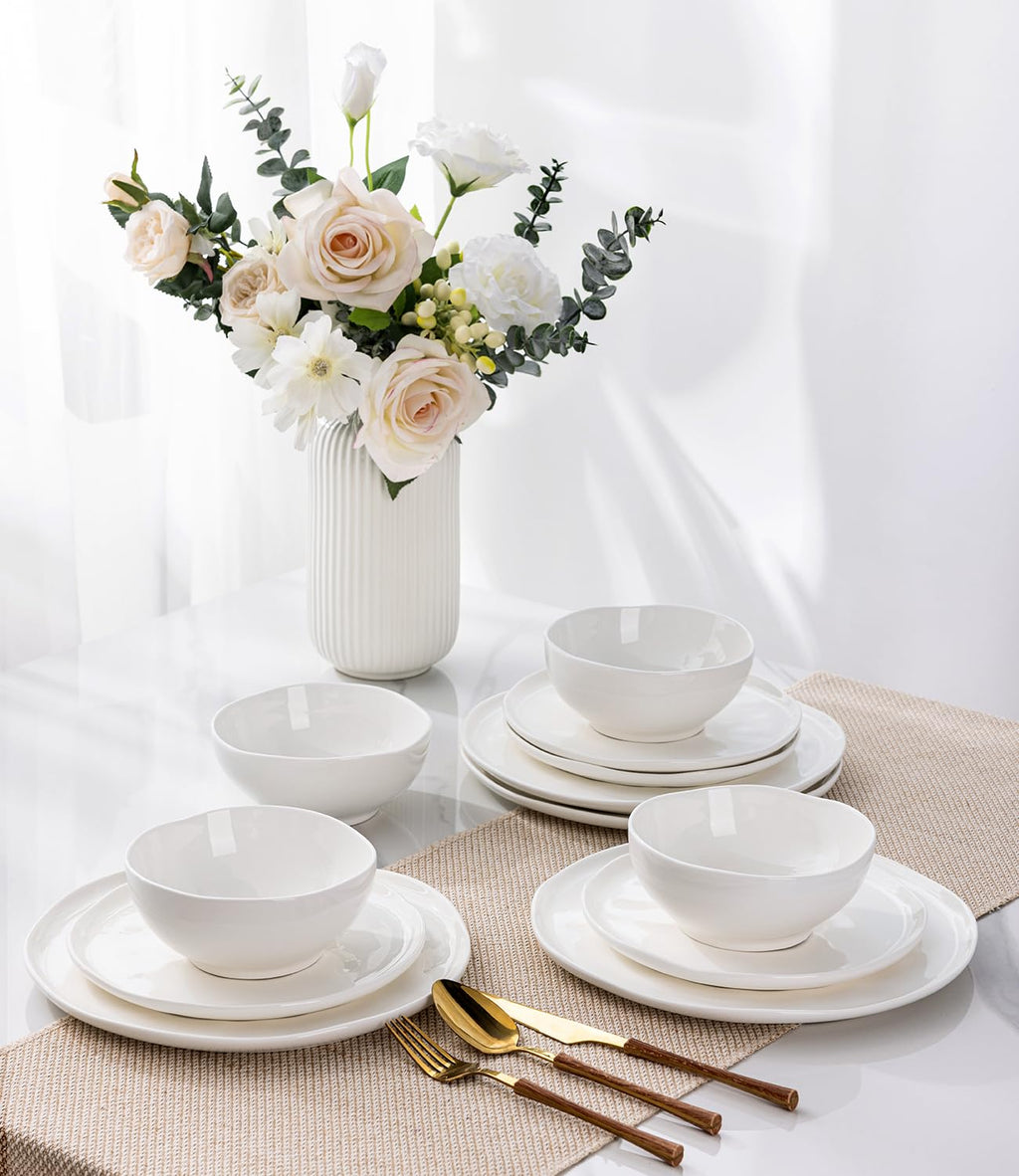 GBHOME Ceramic Dinnerware Sets for 4, 12 Pieces Porcelain Lightweight Plates and Bowls Sets, Scratch Resistant Dish Set, Oven & Microwave & Dishwasher Safe, Angel White