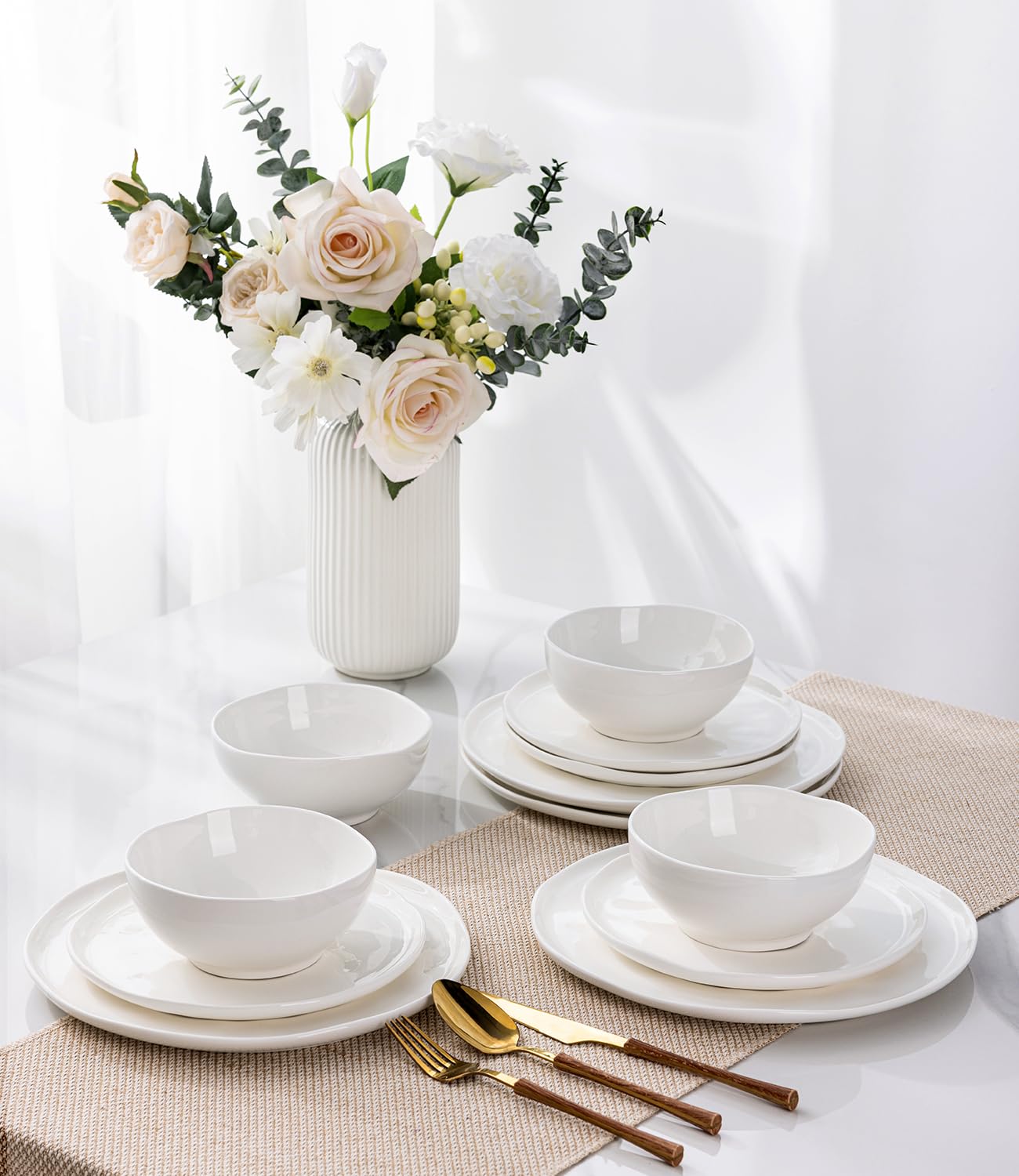 GBHOME Ceramic Dinnerware Sets for 4, 12 Pieces Porcelain Lightweight Plates and Bowls Sets, Scratch Resistant Dish Set, Oven & Microwave & Dishwasher Safe, Angel White