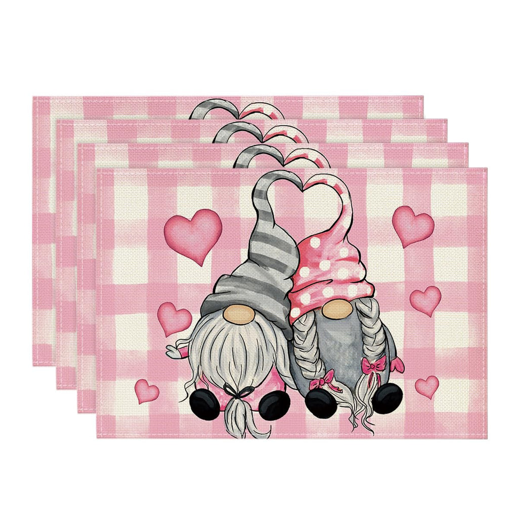 Artoid Mode Pink Buffalo Plaid Hearts Gnomes Valentine Placemats Set of 4, 12x18 Inch Seasonal Anniversary Holiday Table Mats for Party Kitchen Dining Decoration