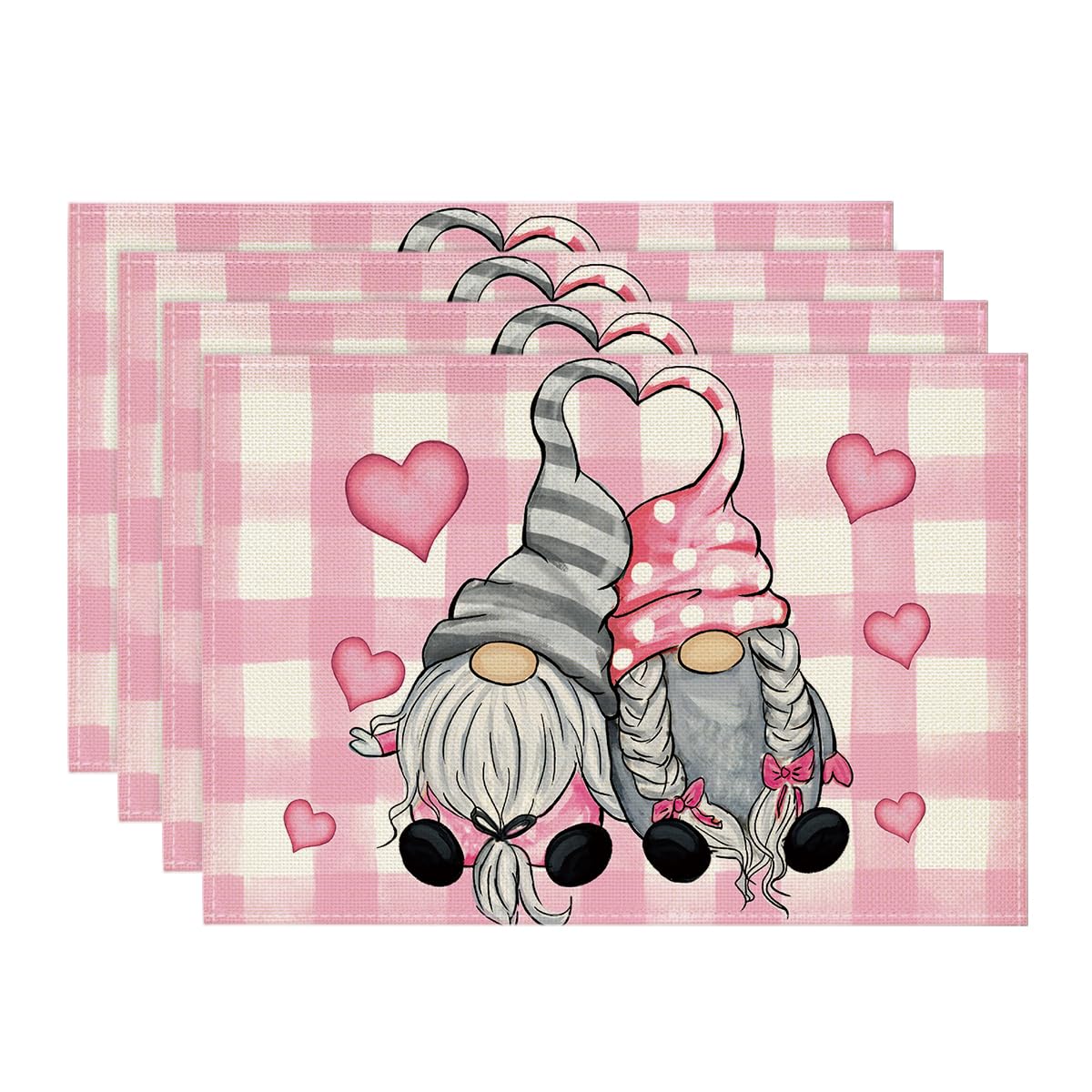 Artoid Mode Pink Buffalo Plaid Hearts Gnomes Valentine Placemats Set of 4, 12x18 Inch Seasonal Anniversary Holiday Table Mats for Party Kitchen Dining Decoration