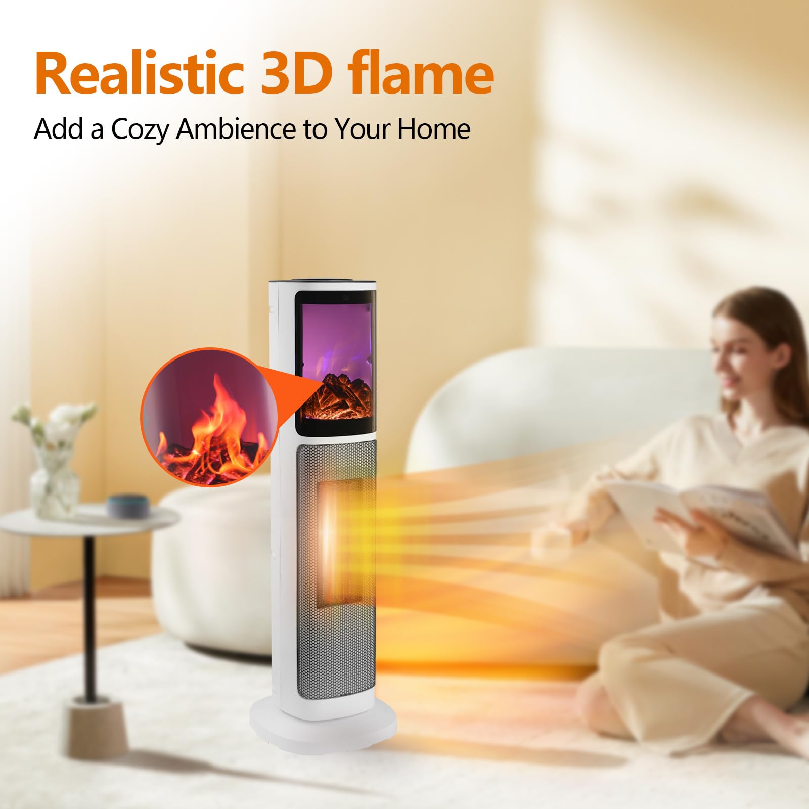HINEIBER 750W/1500W Ceramic Tower Space Heater with 3D Flame, Electric Heater with 65° Oscillation, Adjustable Thermostat and Remote Control, 12H Timer, Overheat Protection for Bedroom Office