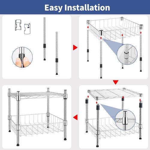 Simple Deluxe 2-Tier Shelving Unit, 15" W x 15" D x 13.8" H Wire Metal Storage Rack with Basket, Chrome