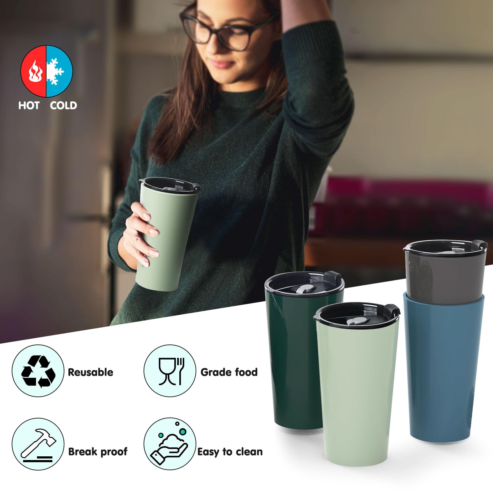 Greentainer 4 Pack Plastic Travel Coffee Mug Set, 20 oz Spill Proof Drinking Cups with Lids, Pobtable to Go Camping Coffee Tumbler Reusable Coffee Mugs with Lids, Dishwasher & Microwave Safe