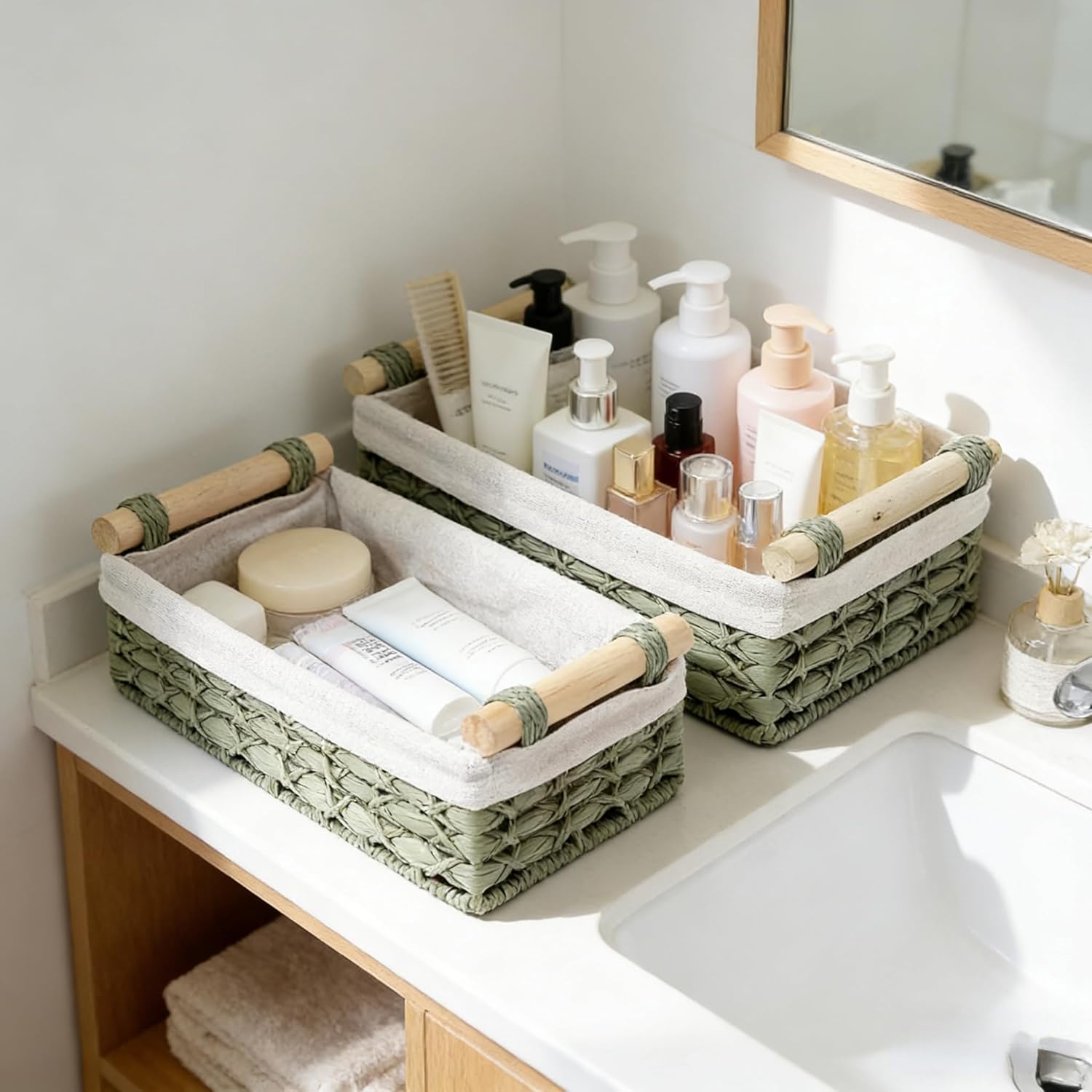 Regine Switzerland Set of 2 Green Bathroom Basket Organizers - Stylish Wicker Storage Baskets with Liner for Towels & Toiletries