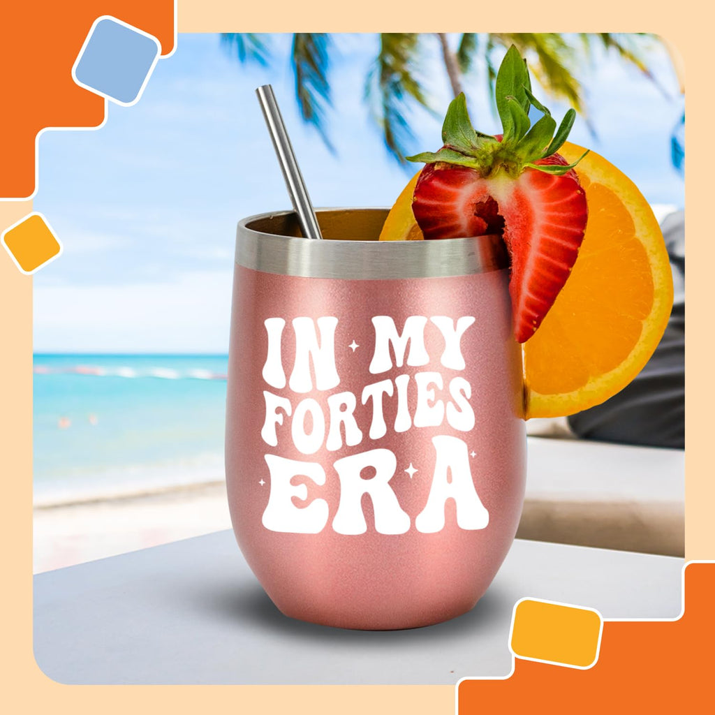 NewEleven 40th Birthday Gifts For Women - 40th Birthday Decorations For Women - 40 Year Old Gifts For Women, Sister, Mom, Daughter, Best Friend - In My Forties Era Wine Tumbler - 12 Oz Tumbler