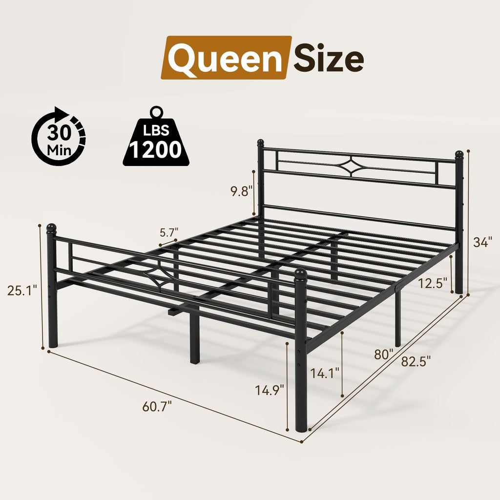 BedsPick Queen Size Metal Bed Frame with Headboard and Footboard, Platform Bed Frame with Premium Steel Slats Support/12.5'' Under Bed Storage Space/No Box Spring Needed/Noise Free/Easy Assembly/Black
