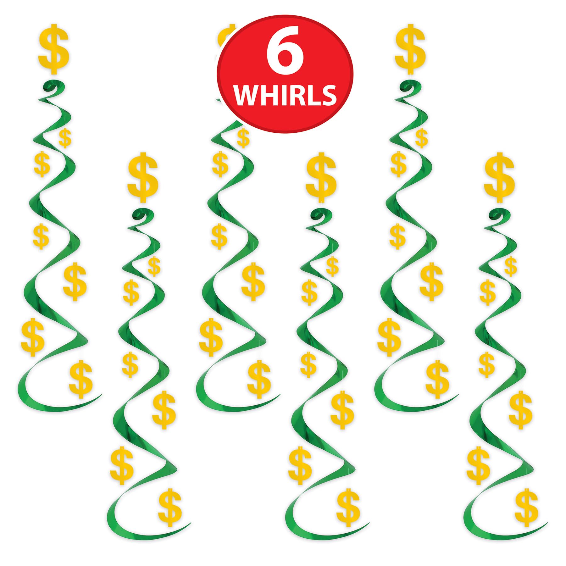 Beistle 6 Piece Dollar Sign Party Decorations, Hanging Spirals Whirls For Casino Theme Décor, Celebrating With You Since 1900