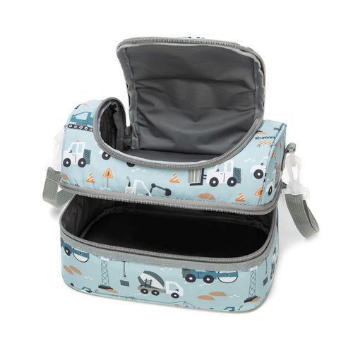 Khulula Insulated Kids Dual Compartment Lunch Bags Tote Pack for Girls Boys Toddler Kindergarten School Picnic Food Cooler Boxes with Shoulder Strap (LightBlue Car, Double Decker)