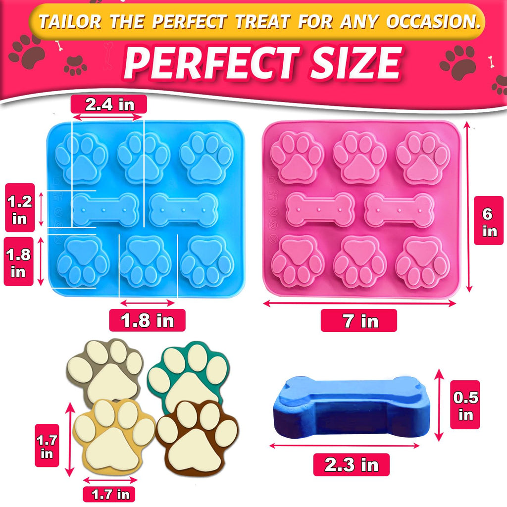 Ossryta 3Pcs Puppy Paw & Bone Silicone Molds - Non-Stick Candy Mold, Reusable Ice Cube Molds for Frozen Dog Treats, Chocolate, Jelly, Biscuit - Food Grade 2-in-1 Dog Treat Mold for Baking and Freezing