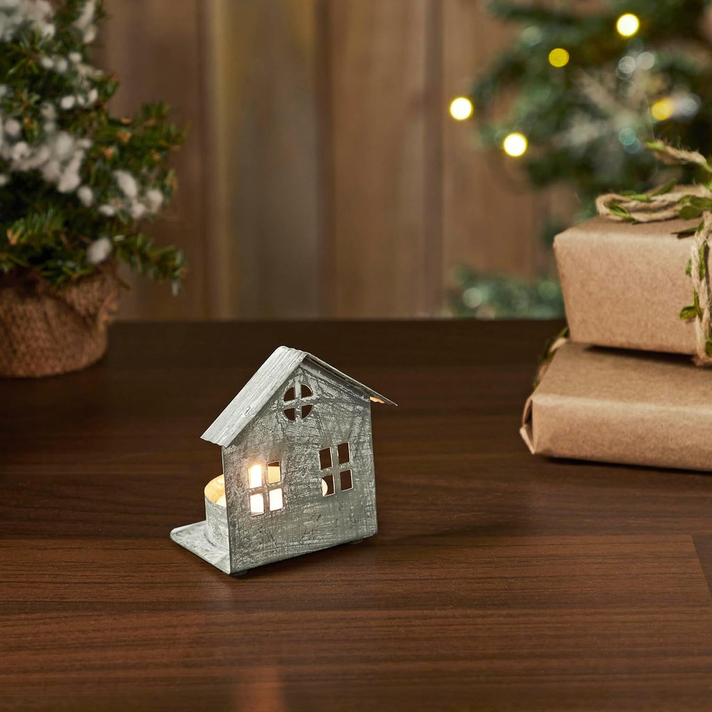 Metal Village House Tealight Holder by [Brand Name] - Antique Grey, 3.25x2.75x2 Inches