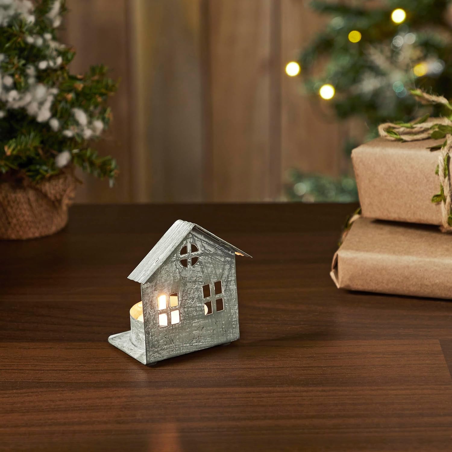 Metal Village House Tealight Holder by [Brand Name] - Antique Grey, 3.25x2.75x2 Inches