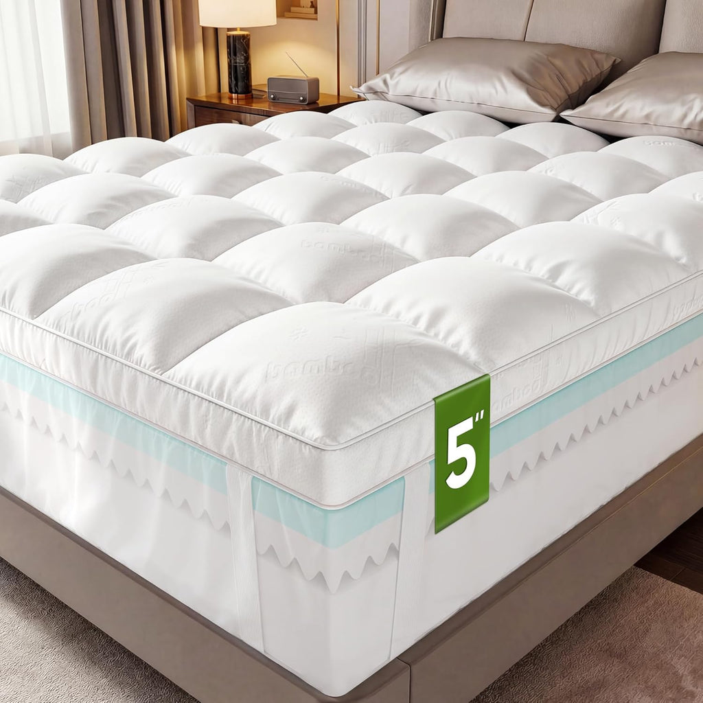 Skiennix Extra Thick Memory Foam Mattress Topper - Dual Layer 2.5" Gel Foam & Bamboo Pillow Top | Queen Size 80x60x5in