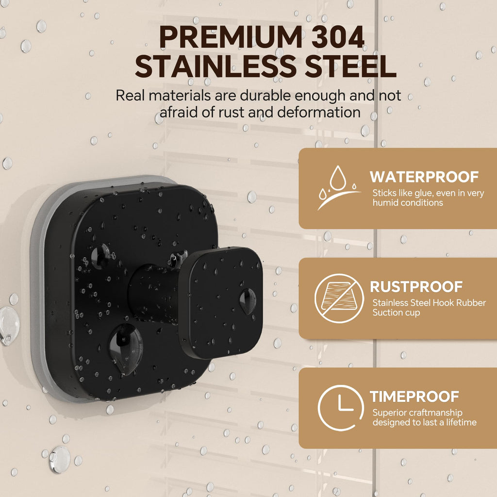 4 Pack Stainless Steel Suction Cup Hooks for Shower, Removable No Drill Towel Hooks for Bathroom Glass Door Mirror Tile, Waterproof Rustproof Suction Hooks for Loofah, Bath Robe, Coat, Matte Black