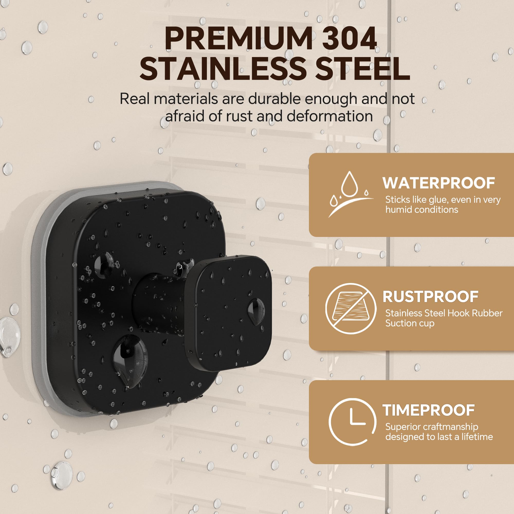 4 Pack Stainless Steel Suction Cup Hooks for Shower, Removable No Drill Towel Hooks for Bathroom Glass Door Mirror Tile, Waterproof Rustproof Suction Hooks for Loofah, Bath Robe, Coat, Matte Black