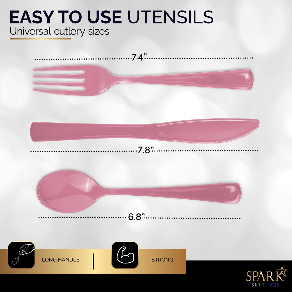 150 Pack Plastic Silverware Heavy Duty, Pink Disposable Cutlery, 50 Spoons, 50 Forks, 50 Knives, Plastic Utensils Set for Home Office School Party Picnics Weddings & More - SparkSettings