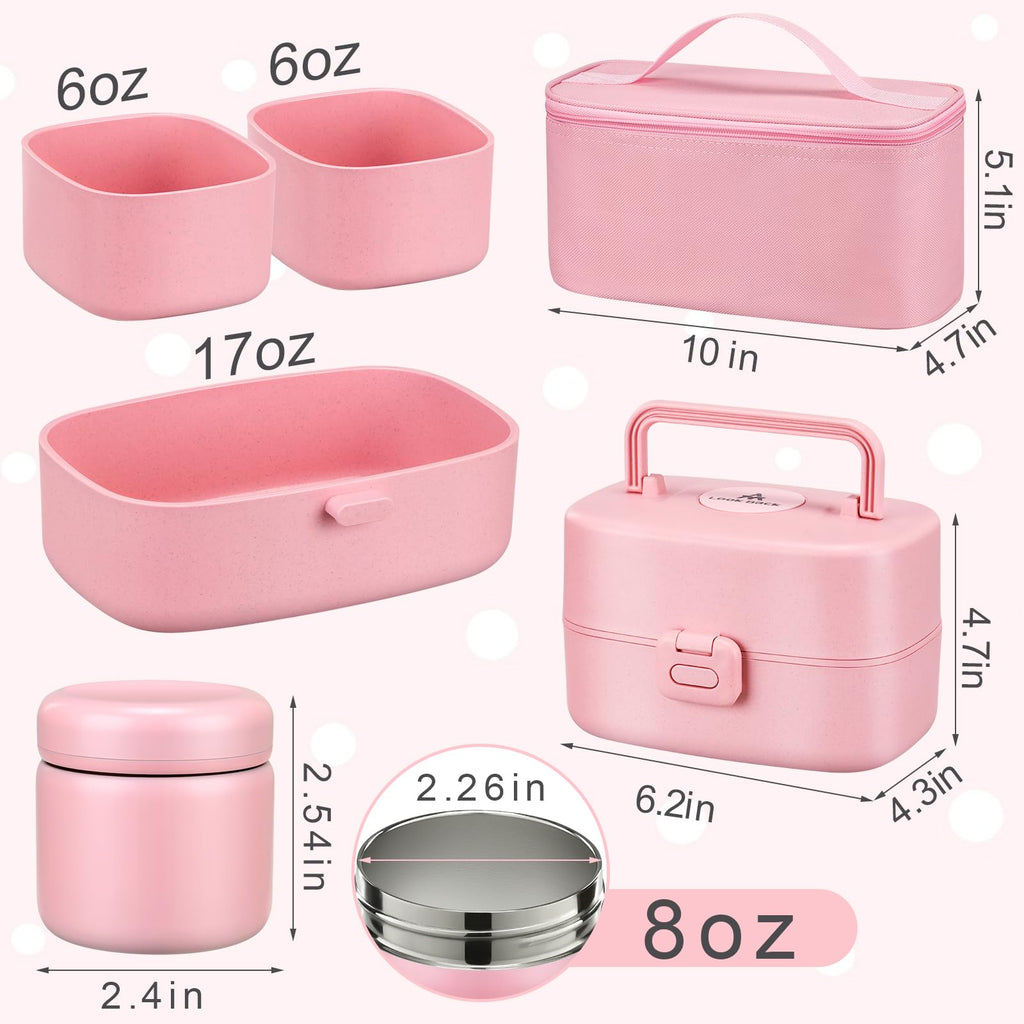 Bento Lunch Box for Kids with 8oz Soup Thermo,2 Leak-Proof Food Containers, a Lunch Bag, Kids Thermo Insulated Hot Food Jar for School, Travel-Pink
