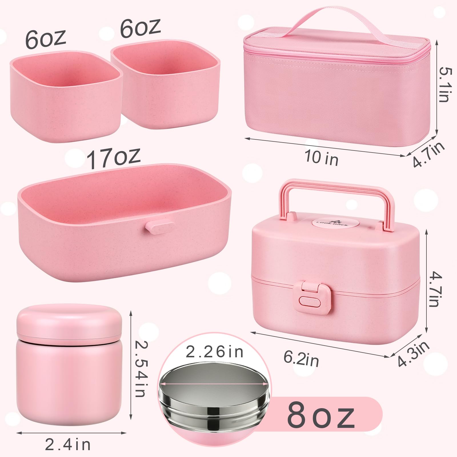 Bento Lunch Box for Kids with 8oz Soup Thermo,2 Leak-Proof Food Containers, a Lunch Bag, Kids Thermo Insulated Hot Food Jar for School, Travel-Pink