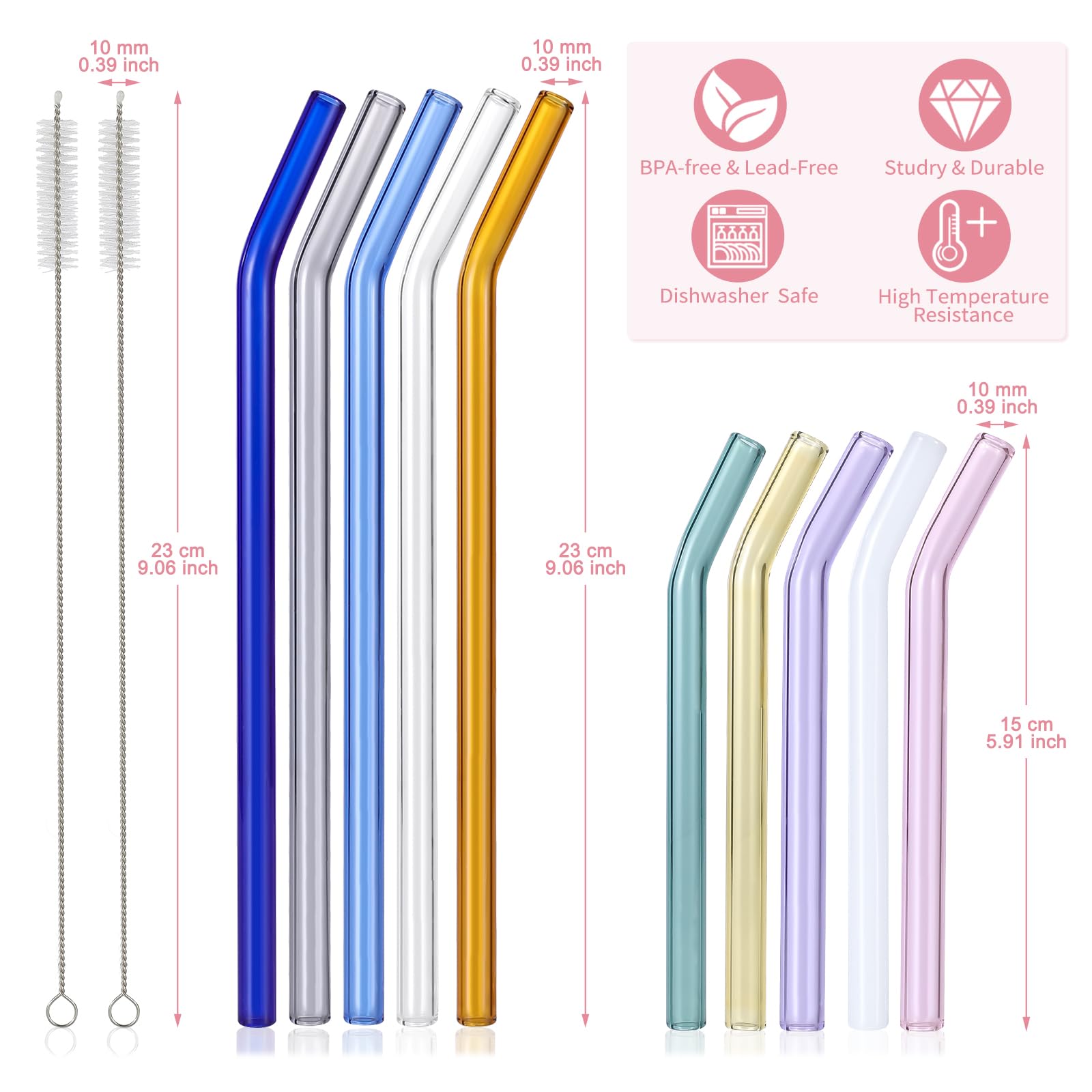 10 Pcs Reusable Colorful Bent Glass Straws,Size 9''x10mm and 6''x10mm Cute Short Glass Straws Shatter Resistant with 2 Cleaner Brush for Beverages,Coffee,Juice,Cocktail,Teas