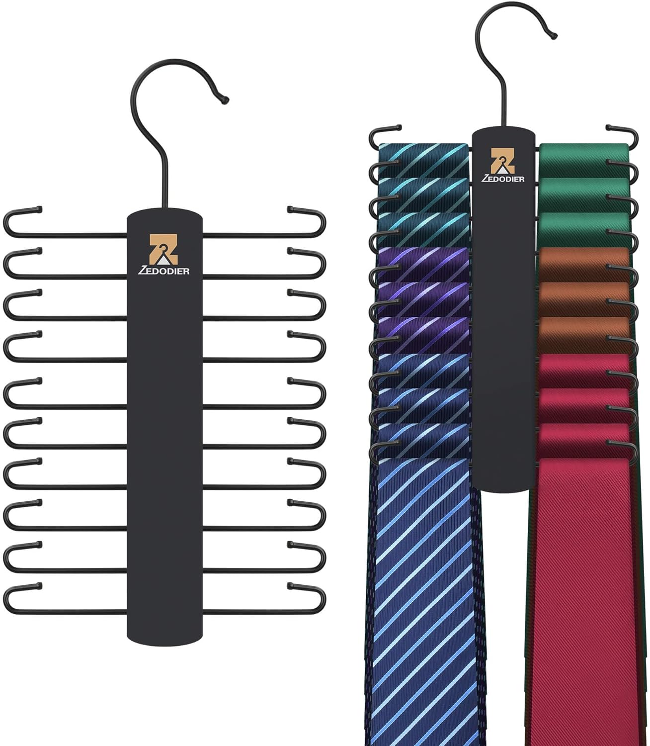 ZEDODIER Tie Hanger - Space-Saving Necktie Organizer with 40 Hooks | Large Capacity Black Wooden Hanger
