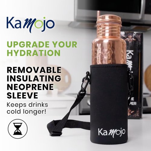 Kamojo Copper Water Bottle for Drinking - Hammered 100% Pure Copper Tumbler Cup with Leak Proof Lid, Removable Insulating Sleeve & Straw - Handcrafted Ayurvedic Cup for Water 32 fl oz